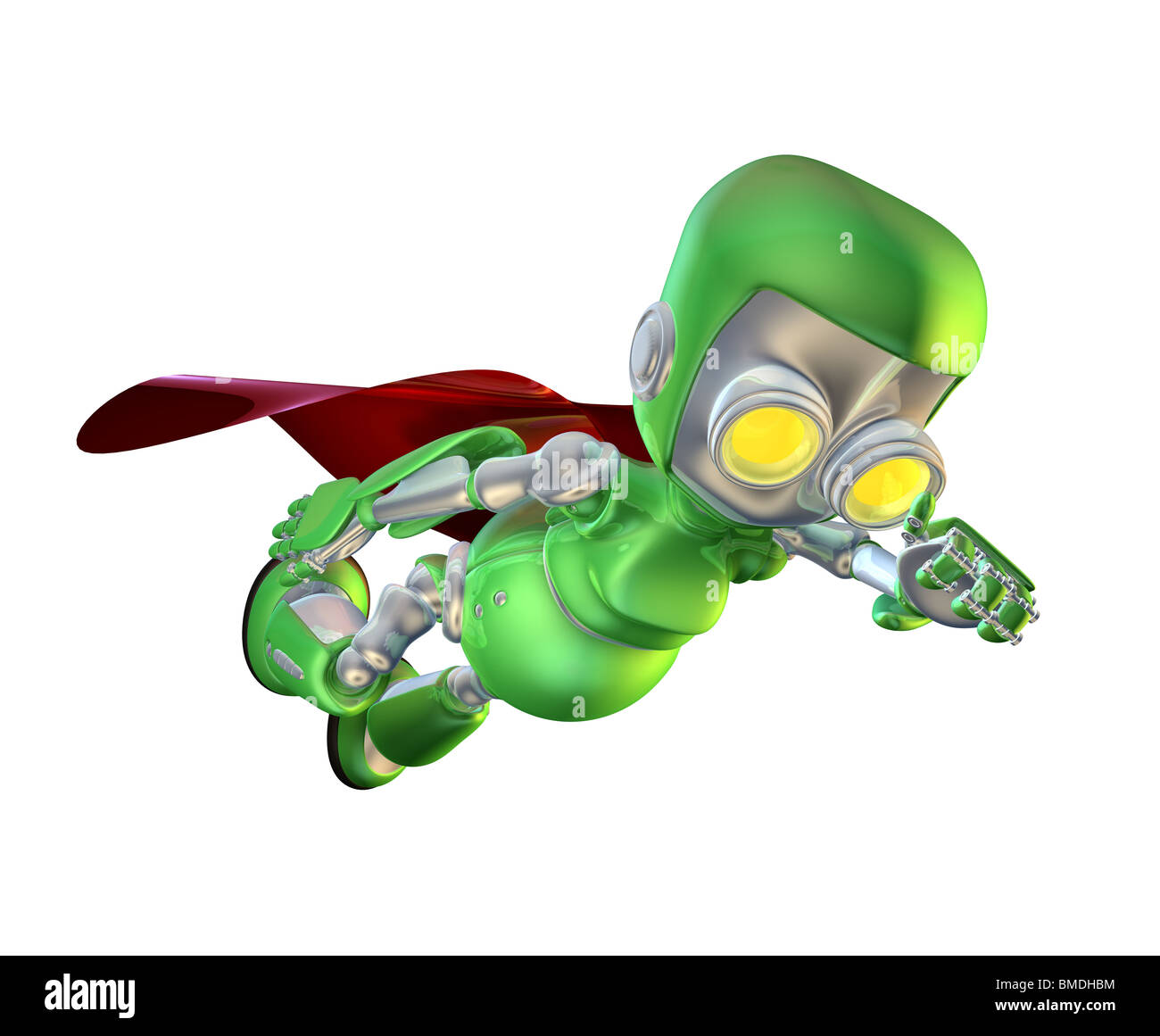 Un joli brillant vert métallisé argent brillant super héros super-héros robot volant par l'air avec une cape rouge Banque D'Images