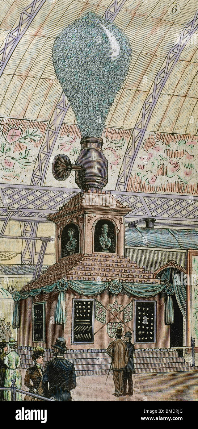 Lampe à incandescence modèle géant, de l'ampoule de type Edison. Exposition Universelle de Paris en 1889. Gravure en couleur. Banque D'Images Lampe à incandescence modèle géant, de l'ampoule de type Edison. Exposition Universelle de Paris en 1889. Gravure en couleur. Banque D'Images