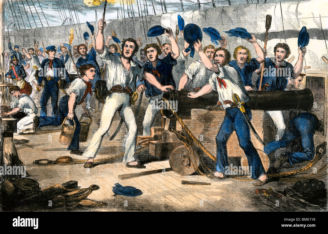 Pont de la frégate nous "Constitution" bataille à la 'guerrière', guerre de 1812. À la main, gravure sur bois Banque D'Images