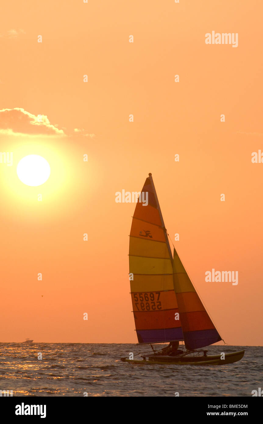 Voiliers au coucher du soleil dans le golfe du Mexique au large de Siesta Key Sarasota en Floride Banque D'Images