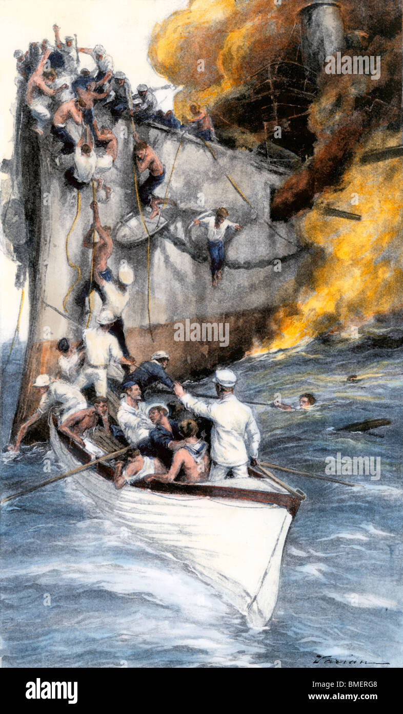 Les marins de la "navire de guerre espagnol Oquendo' secourus par l'équipage du USS Gloucester 'off', Santiago de Cuba, 1898. La main, d'une illustration de demi-teinte Banque D'Images