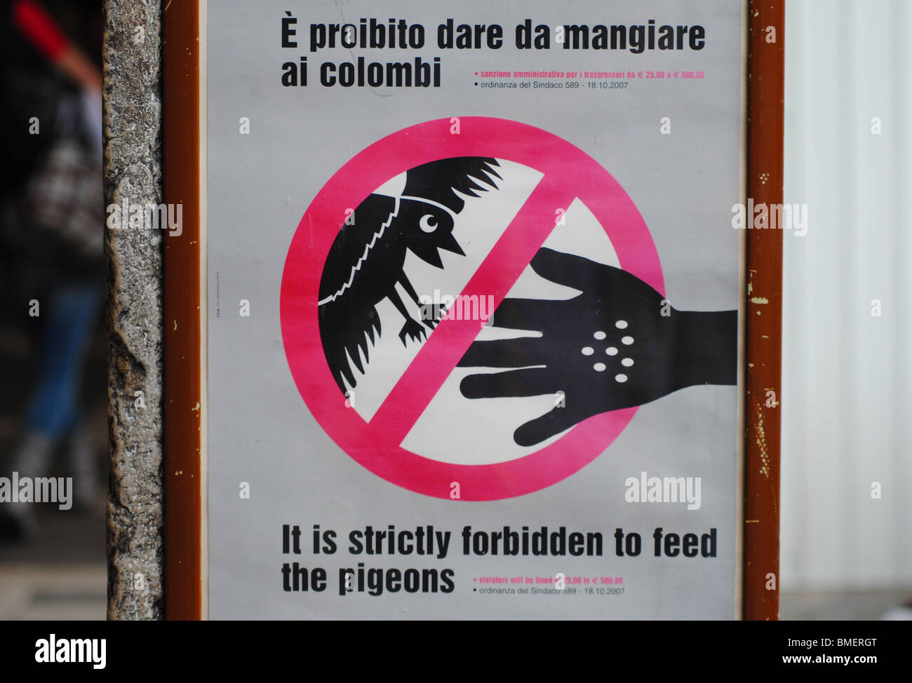 Avertissement un signe qu'il est interdit de nourrir les pigeons de la Place Saint-Marc, Venise, Italie Banque D'Images