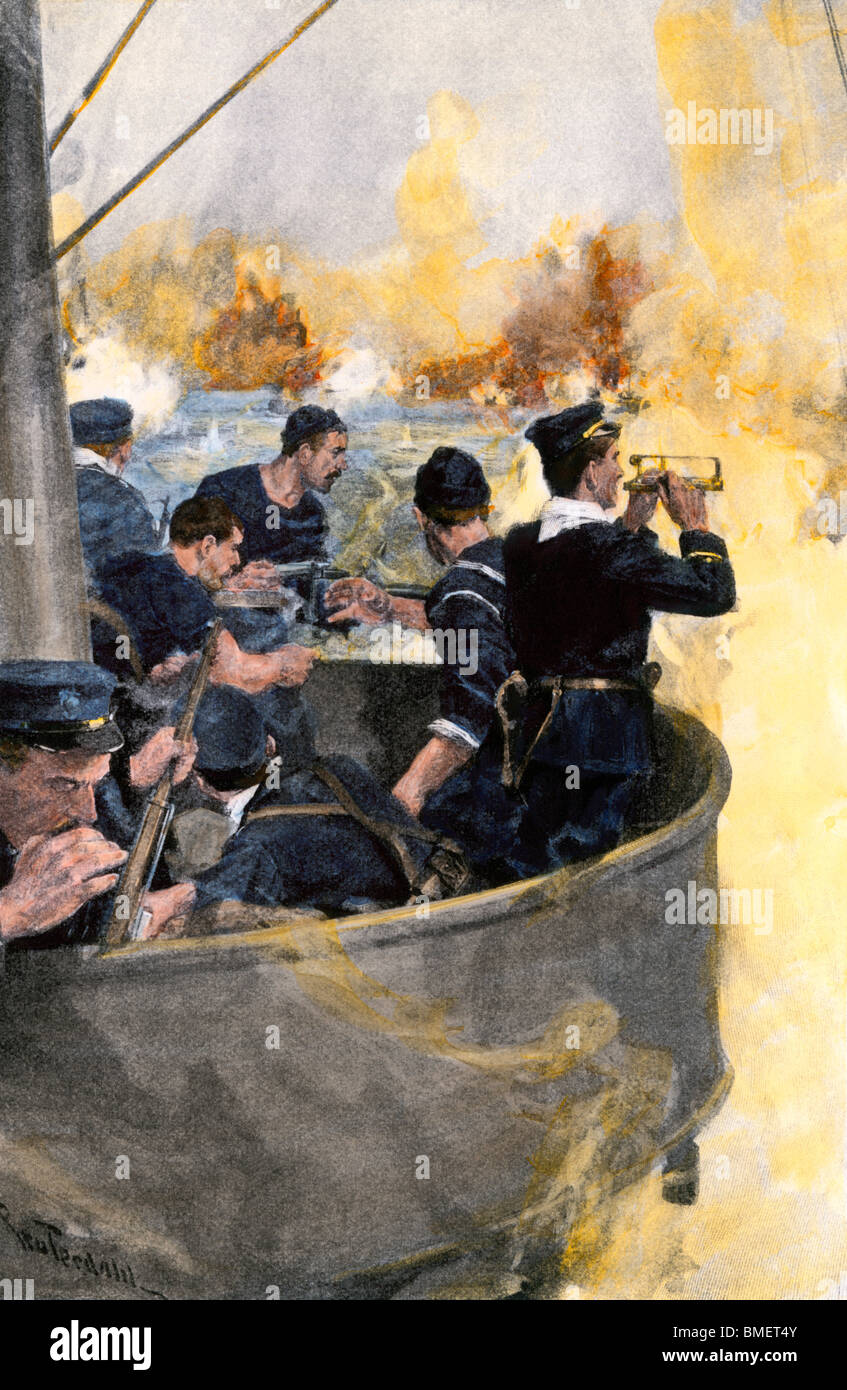 La lutte contre-haut de l'USS 'Indiana' au cours de la bataille de Santiago, Cuba, guerre hispano-américaine, 1898. La main, d'une illustration de demi-teinte Banque D'Images