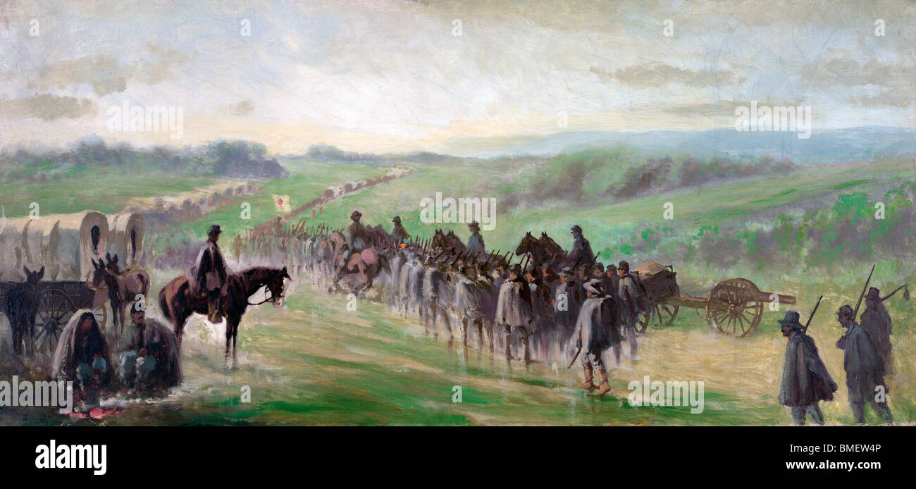 Poursuite de l'armée de Lee. Scène sur la route près de Gettysburg - marche dans la pluie - Guerre civile USA Banque D'Images