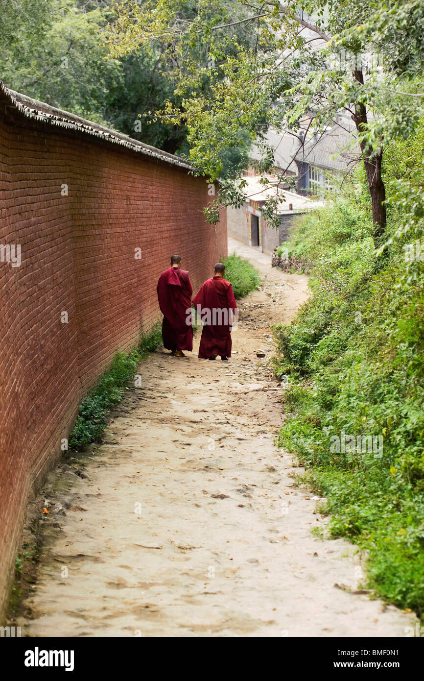 Deux moines marchant dans un chemin, Le Mont Wutai, Xinzhou City, province de Shanxi, Chine Banque D'Images