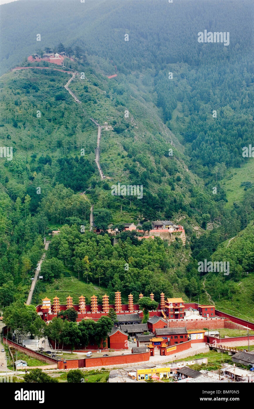 Vue aérienne de Shancai Cave Temple, Le Mont Wutai, Xinzhou City, province de Shanxi, Chine Banque D'Images