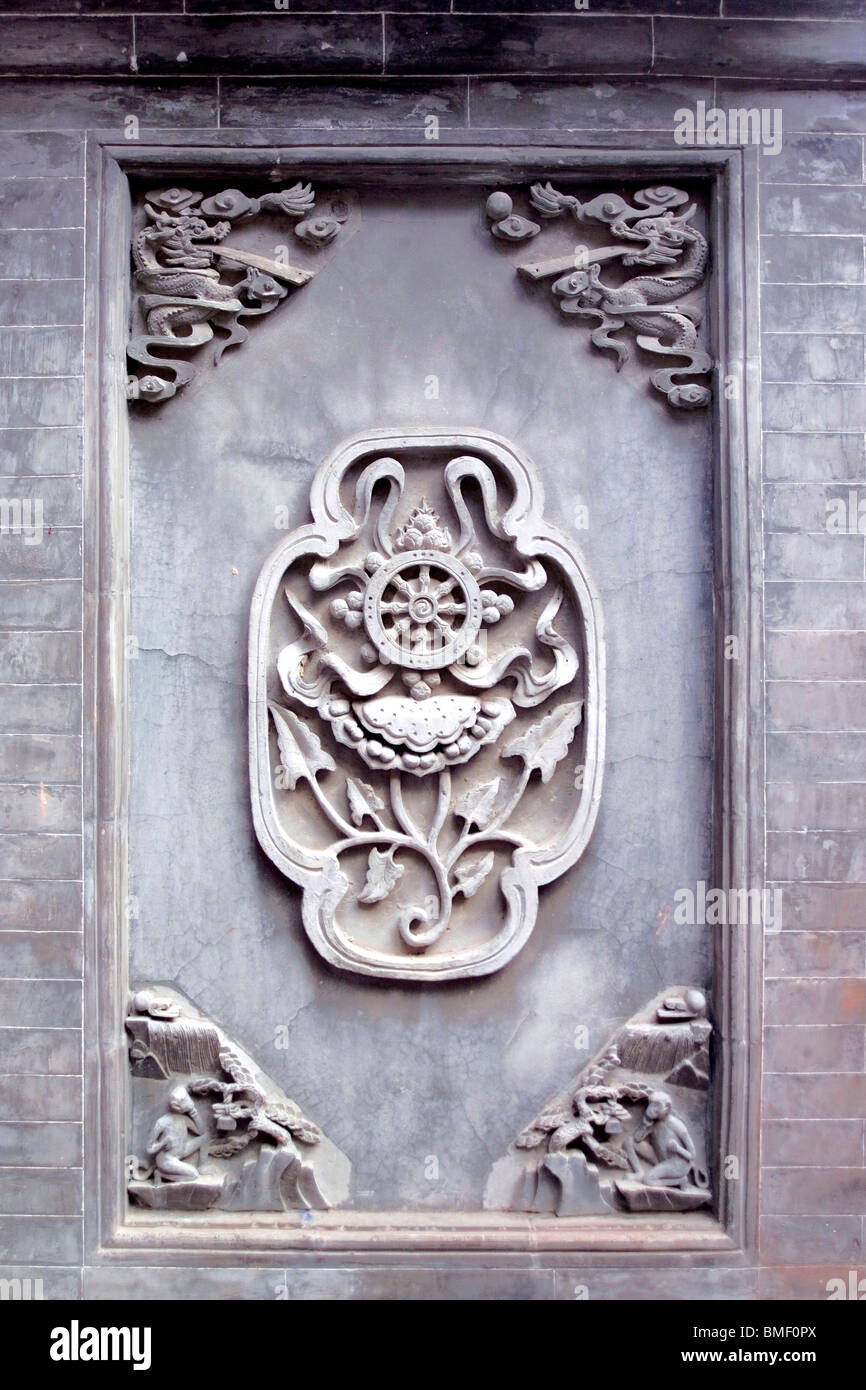 La gravure, la brique exquis Zhenrong Temple, Bodhisatva, Pic, Pic Lingjiu Mont Wutai, Xinzhou City, province de Shanxi, Chine Banque D'Images
