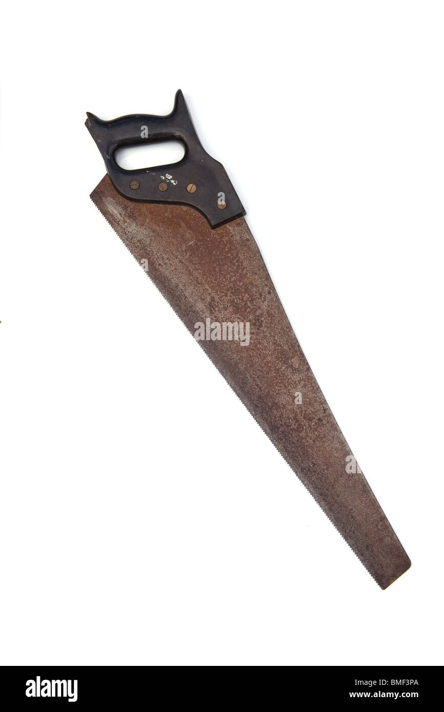 Scie à main panneau isolé sur un fond blanc studio. Banque D'Images