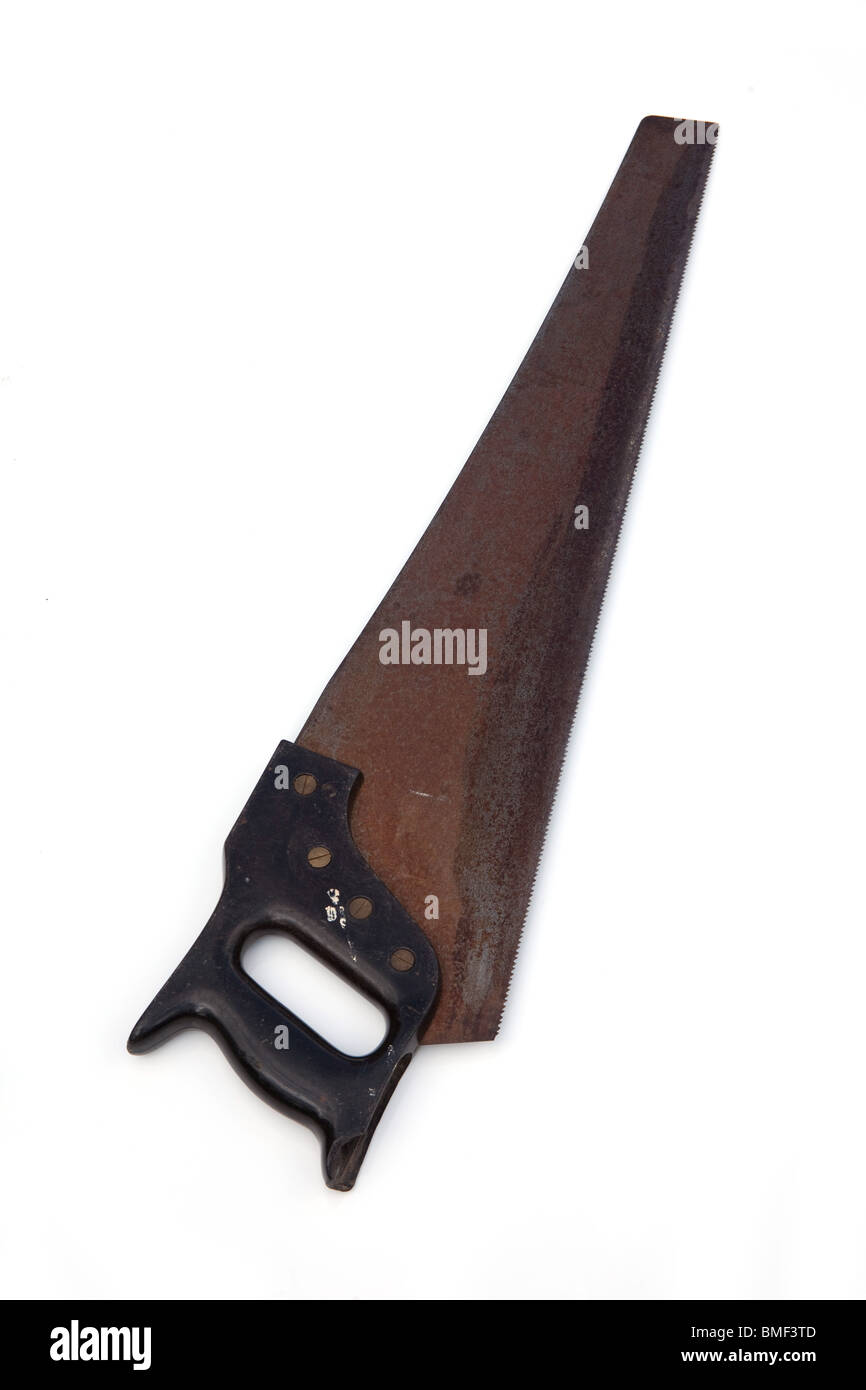 Scie à main panneau isolé sur un fond blanc studio. Banque D'Images