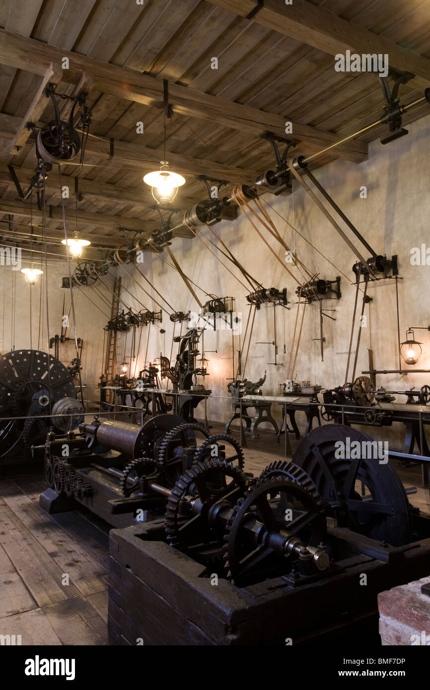 Machine d'entraînement de la courroie, du xixe siècle et au début du xxe siècle les outils dans un atelier, le Deutsches Museum, Munich, Allemagne Banque D'Images