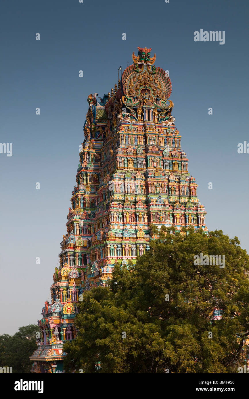 L'Inde, le Tamil Nadu, Madurai, Sri Meenakshi Temple, coloré, récemment restauré, au nord gopuram Banque D'Images