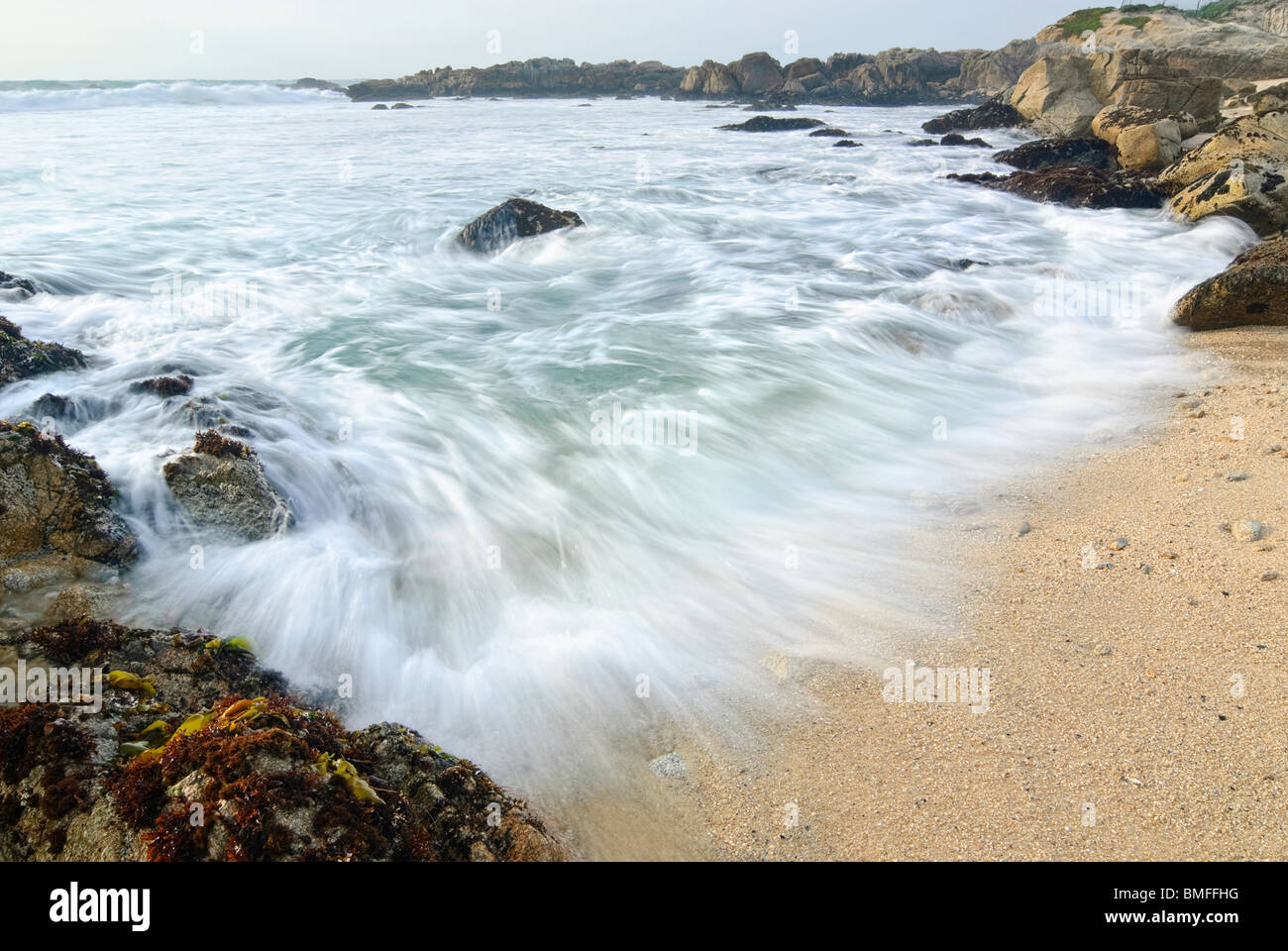 Douces vagues sur la plage d'Asilomar rocheux. Situé sur la péninsule de Monterey dans la ville de Pacific Grove. Banque D'Images