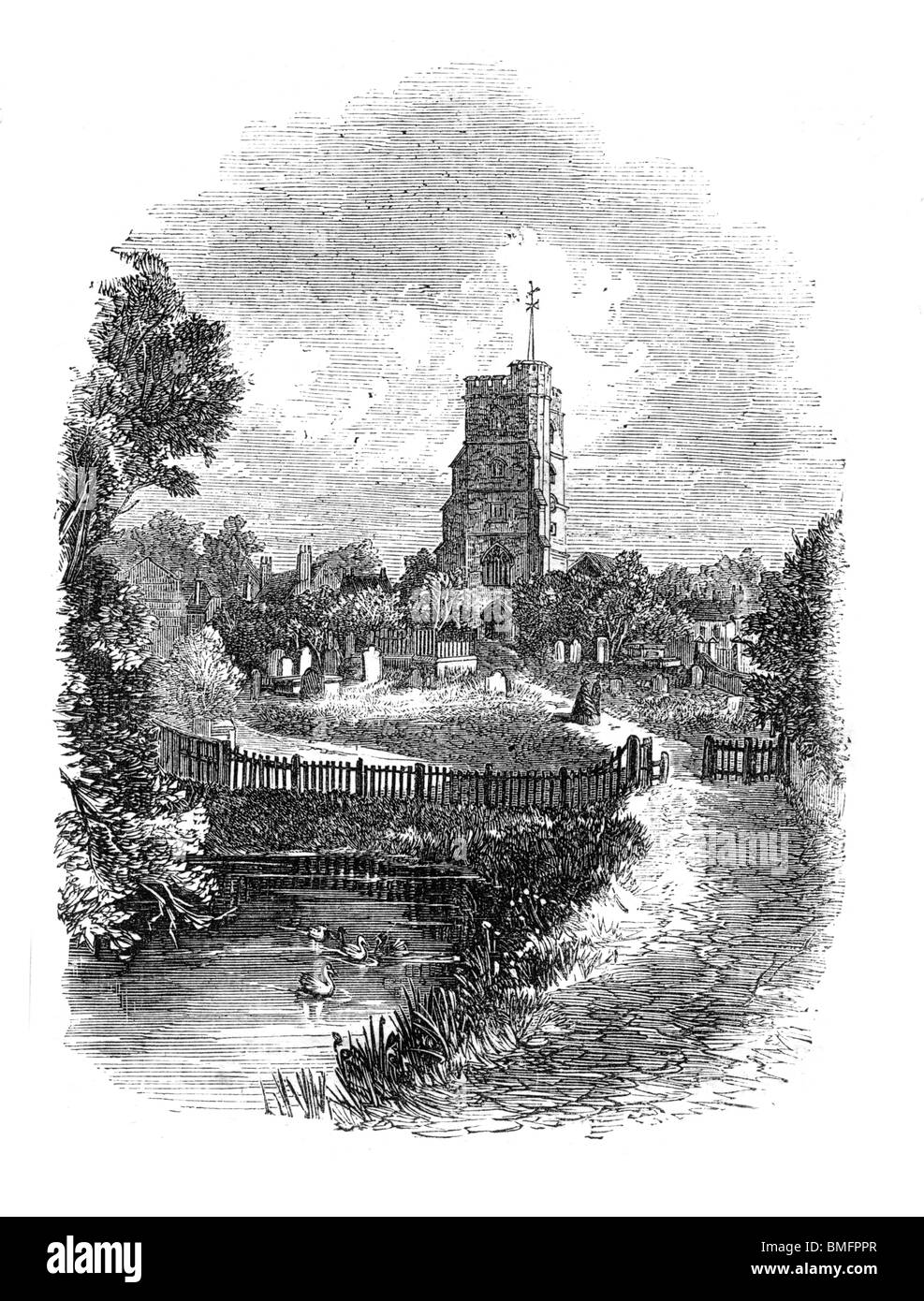 Illustration noir et blanc de l'église All Saints, Fulham, Londres, circa 1863 Banque D'Images