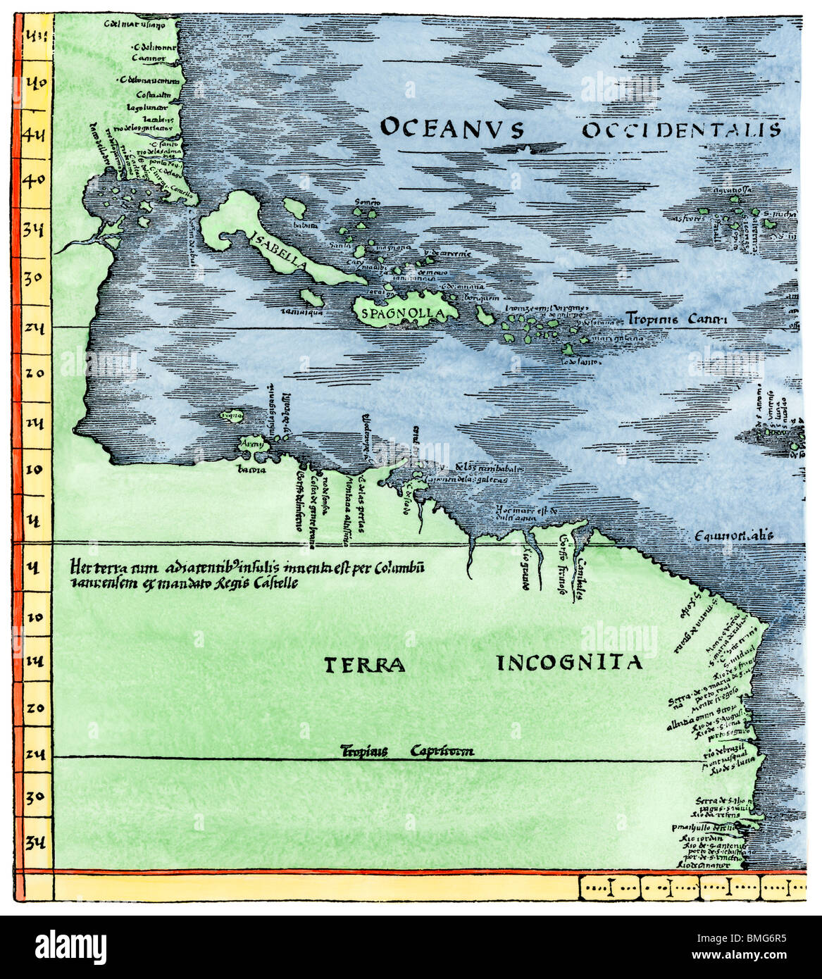Tabula Terre Nove 1513 : la carte de l'amiral de la mer des Caraïbes et Terra Incognita (terres inconnues). À la main, gravure sur bois Banque D'Images