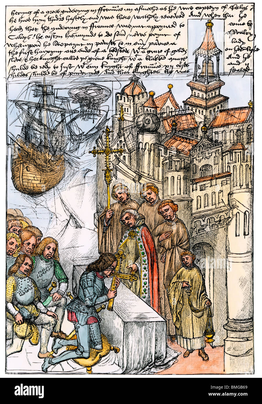 Richard Beauchamp, comte de Warwick, a reçu, en tant que capitaine de Calais au nom du roi anglais Henry V, 1414. À la main, gravure sur bois Banque D'Images