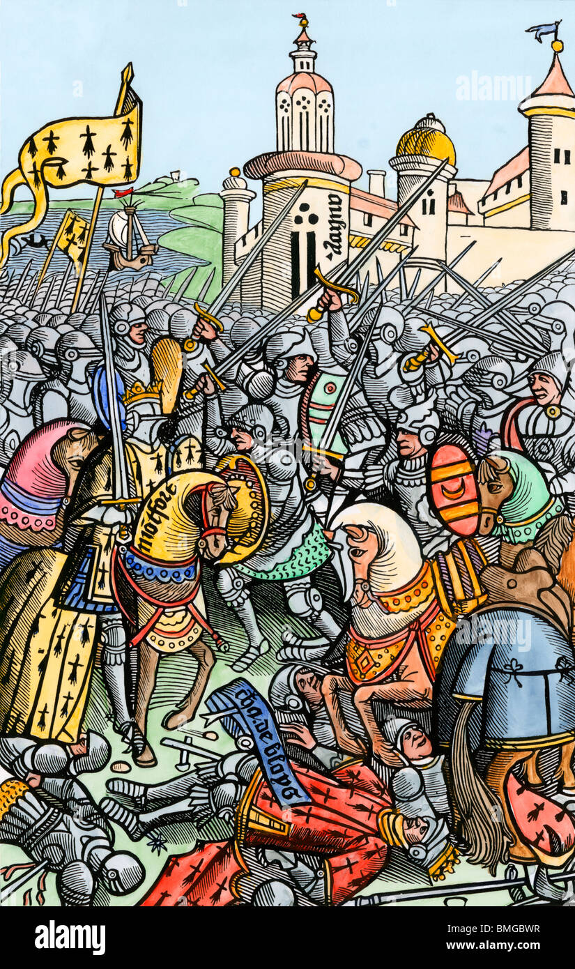 Capture de Bertrand de Guescelin dans la bataille d'Auray, où Jean de Montford et Charles de Blois a conduit les côtés opposés, 1364. À la main, gravure sur bois Banque D'Images