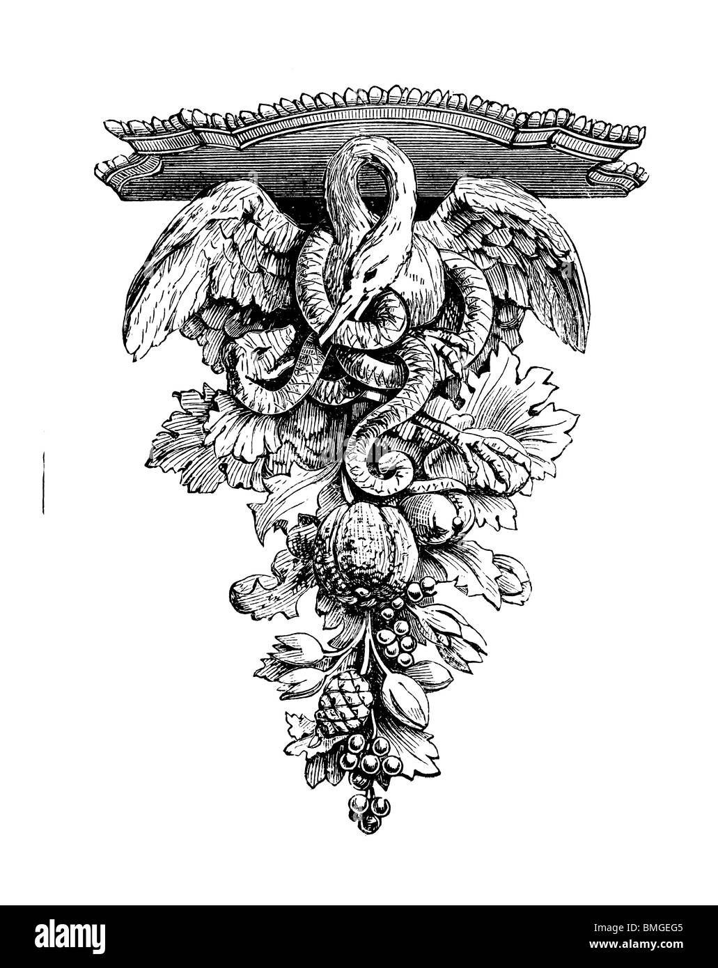 Gravure noir et blanc coupé isolé sur blanc. Illustration d'un élément d'art expose à la grande exposition de Londres 1851. Banque D'Images