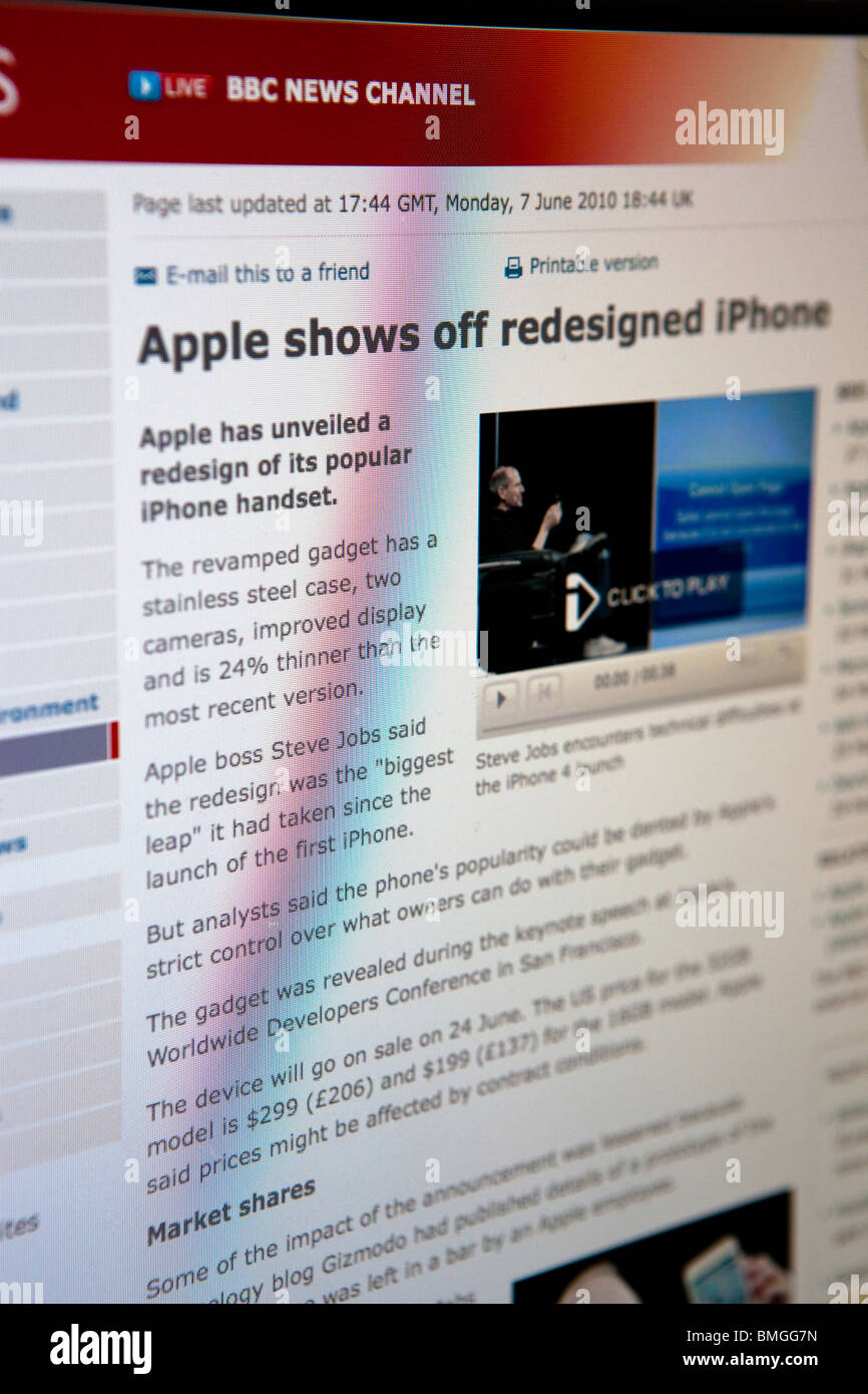 Les dernières nouvelles que l'iPhone 4 vient d'être lancé dans le monde entier - comme vu sur le site Web de BBC News Banque D'Images