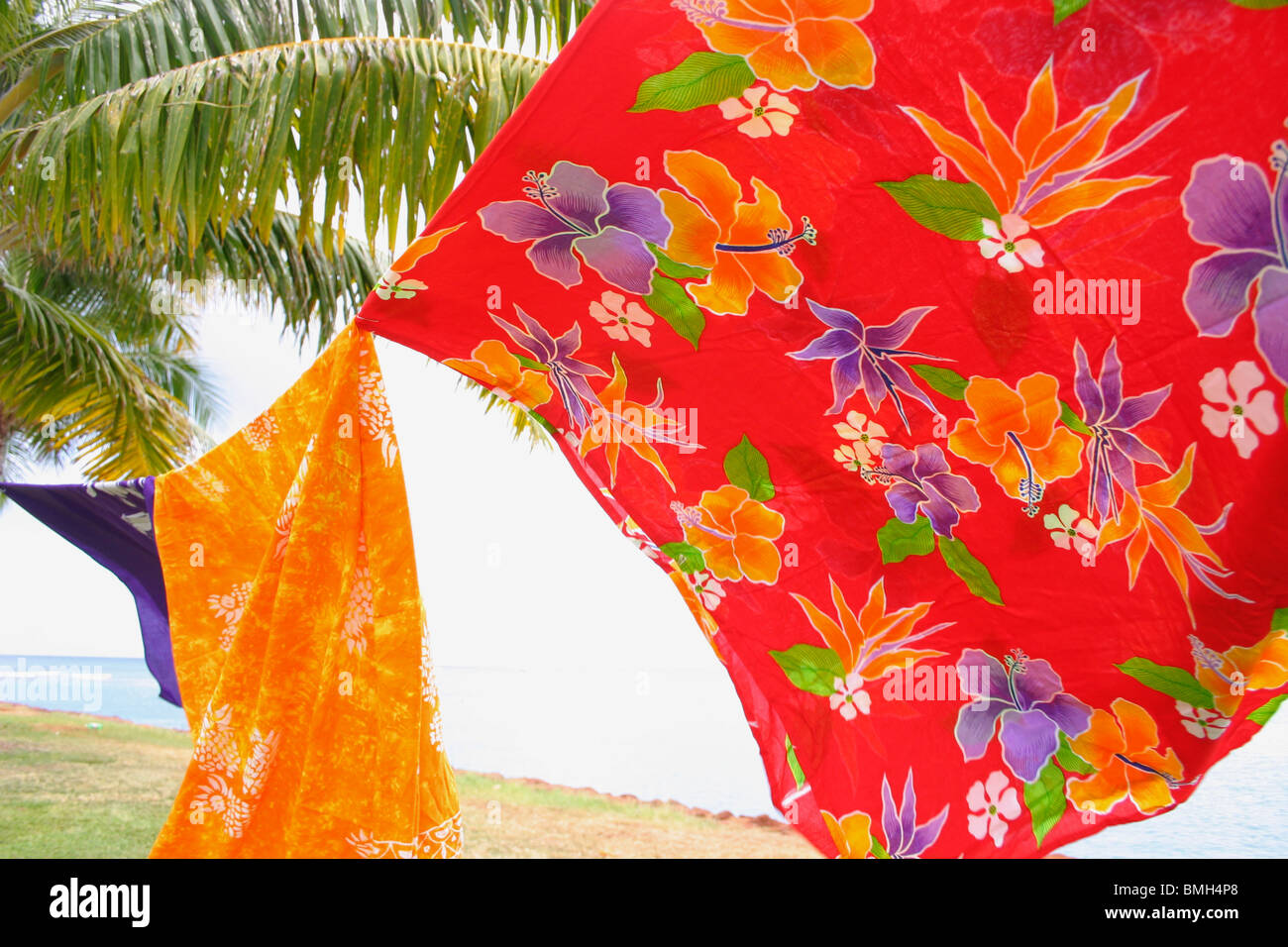 Serviettes de plage paréo coloré ou suspendu entre deux palmiers. Banque D'Images
