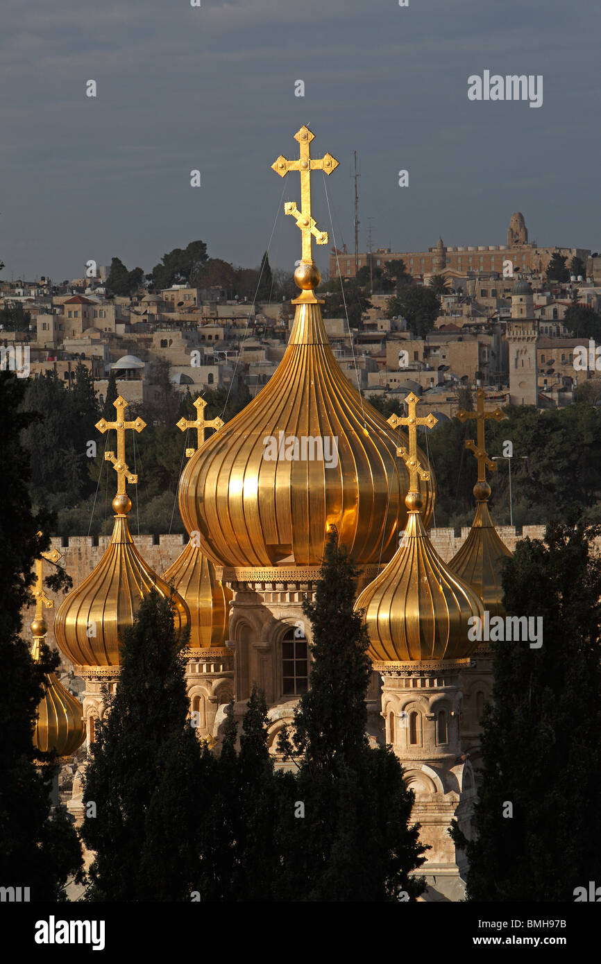 Israël, Jérusalem, mur de l'Est du Mont du Temple,St. Marie Madeleine Église orthodoxe Banque D'Images