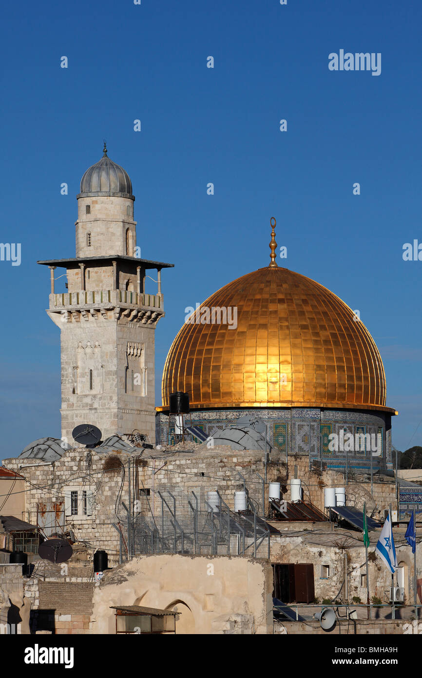 Israël, Jérusalem, mur occidental du Temple Mt.,Dôme du Rocher,Shaar Ha Hashalshelet,Mosquée Minaret Banque D'Images