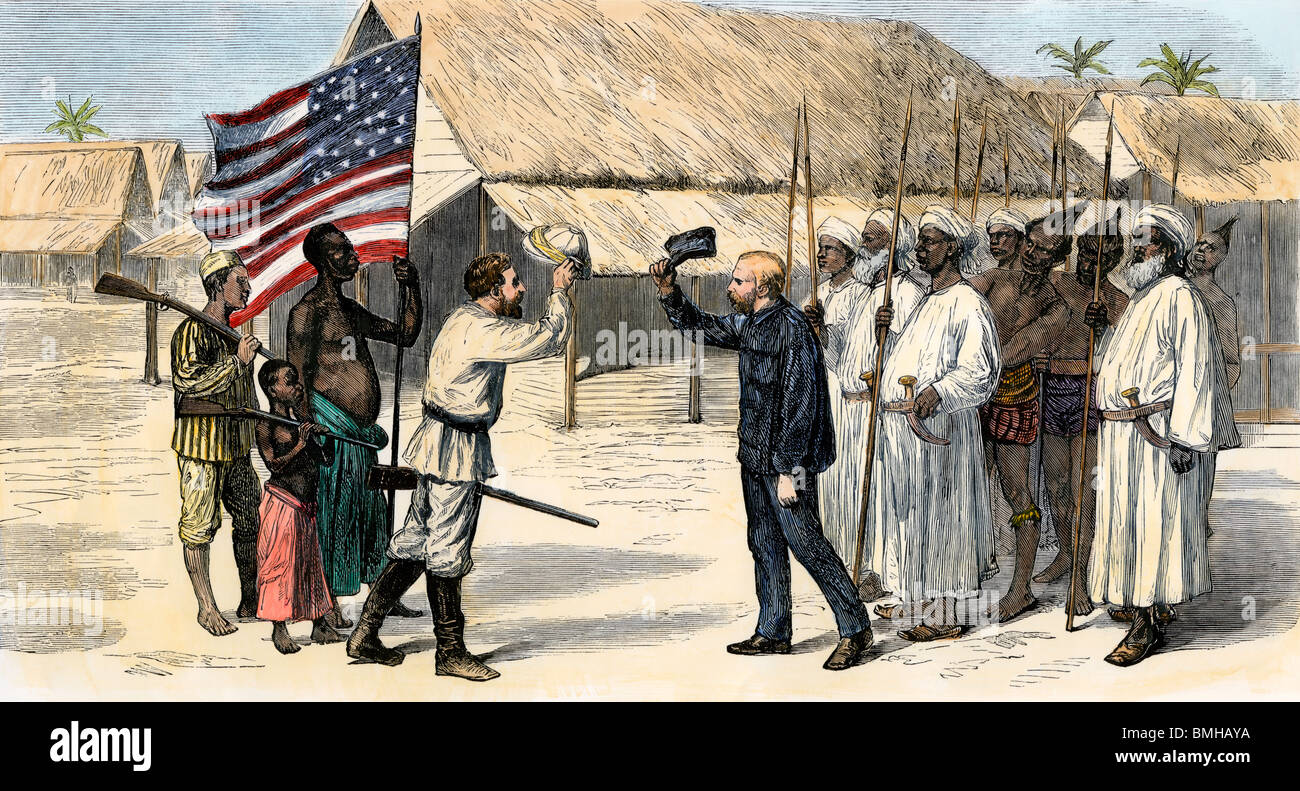 Conclusion Le Dr Stanley Livingstone à Ujiji, Tanganyika, 1871. À la main, gravure sur bois Banque D'Images