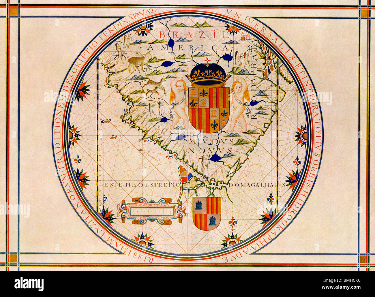 La carte de l'Amérique du Sud imprimé à Lisbonne, 1571. Lithographie couleur Banque D'Images