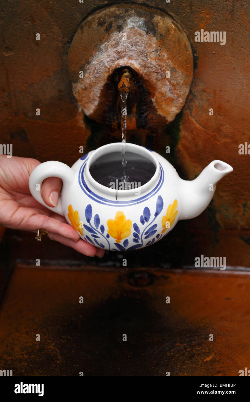 Verser de l'eau thermique dans un verre d'eau pour faire du thé vert. Furnas, Açores, Portugal. Banque D'Images