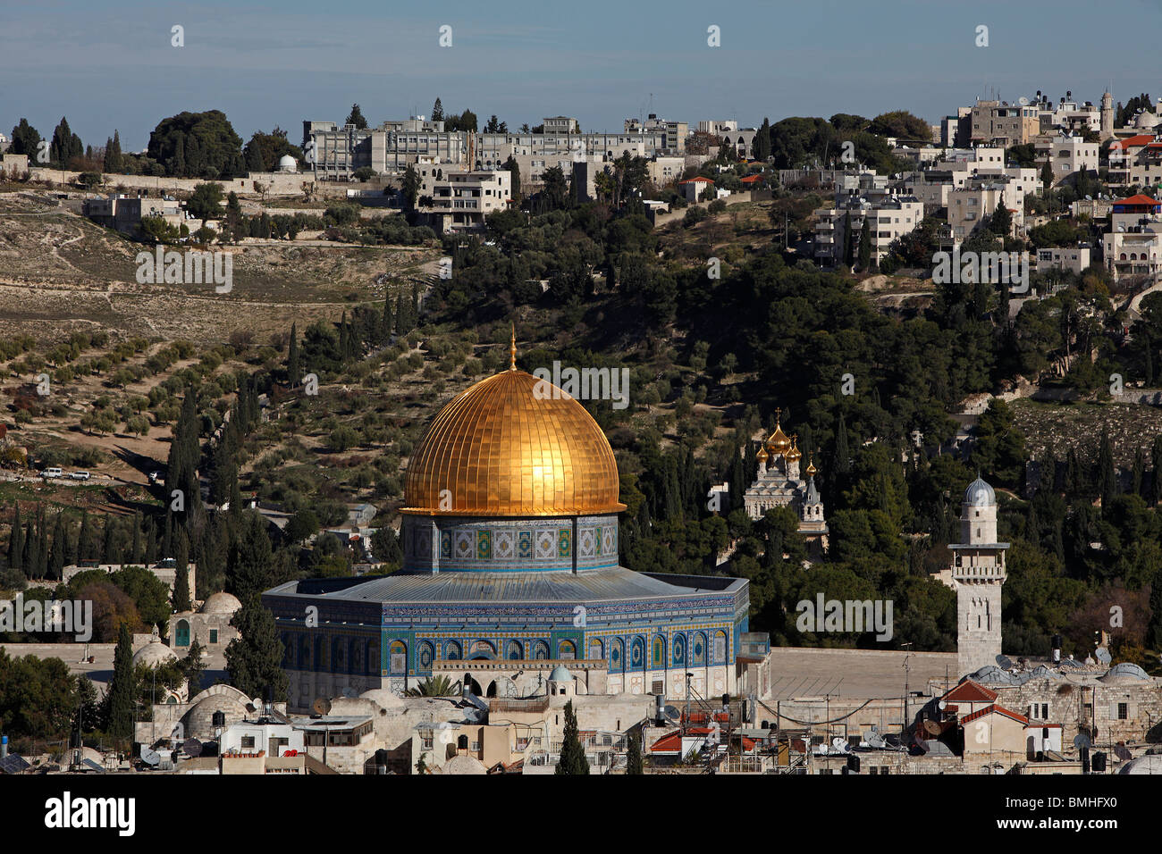 Israël, Jérusalem, vieille ville, Mont des Oliviers,à partir de la Tour de David,Dôme du Rocher,St. Marie Madeleine Église orthodoxe Banque D'Images