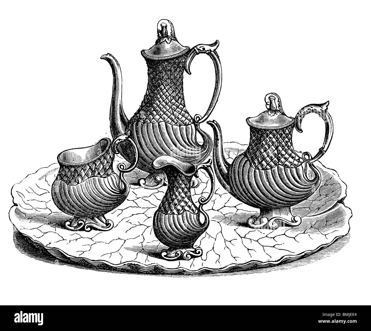 Gravure noir et blanc coupé isolé sur blanc. Illustration d'un élément d'art expose à la grande exposition de Londres 1851. Banque D'Images