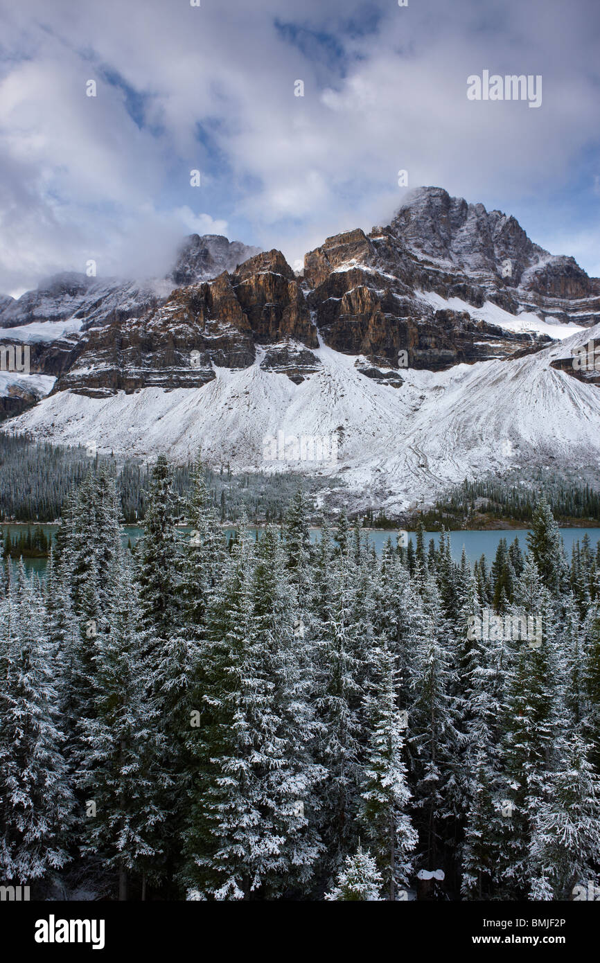 Mont Crowfoot et le Glacier Crowfoot au-dessus du lac Bow dans la neige, promenade des Glaciers, Banff National Park, Alberta, Canada Banque D'Images