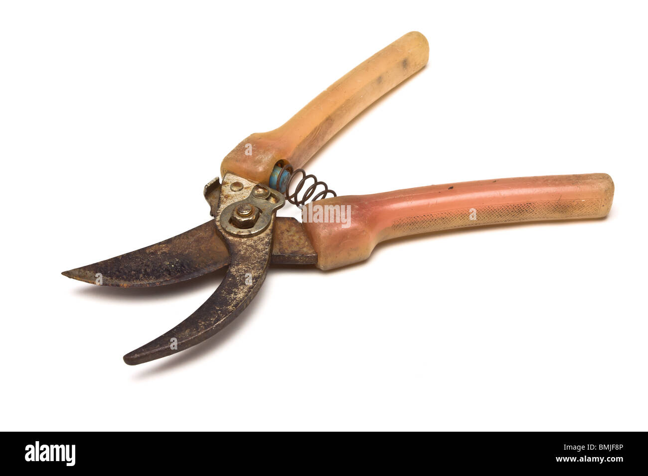 Sécateur jardin ouvert contre isolé sur fond blanc. Banque D'Images