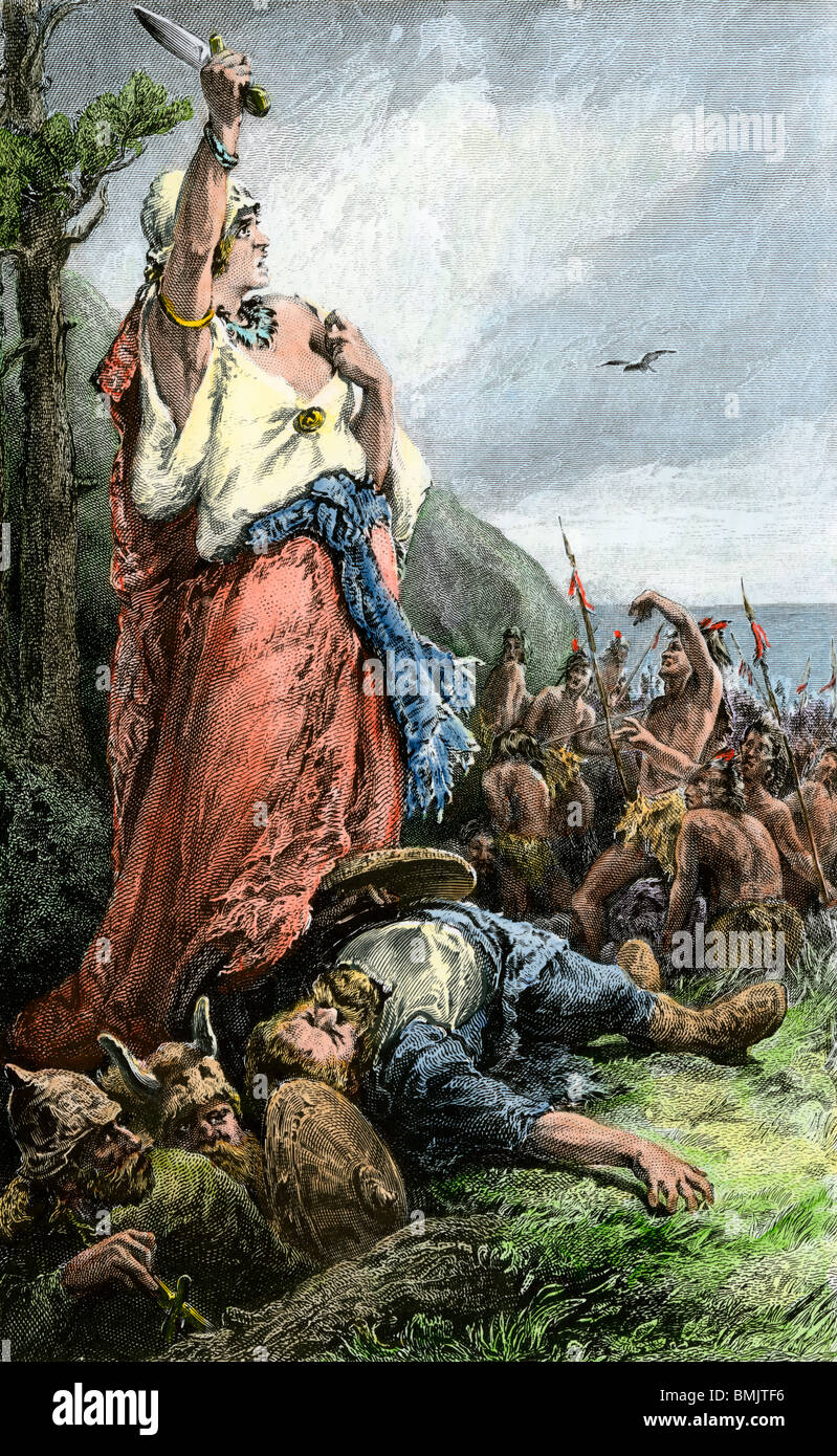 Freydis défend ses collègues colons norvégiens d'Autochtones américains, ou les Skraelings, 1009. À la main, gravure sur bois Banque D'Images