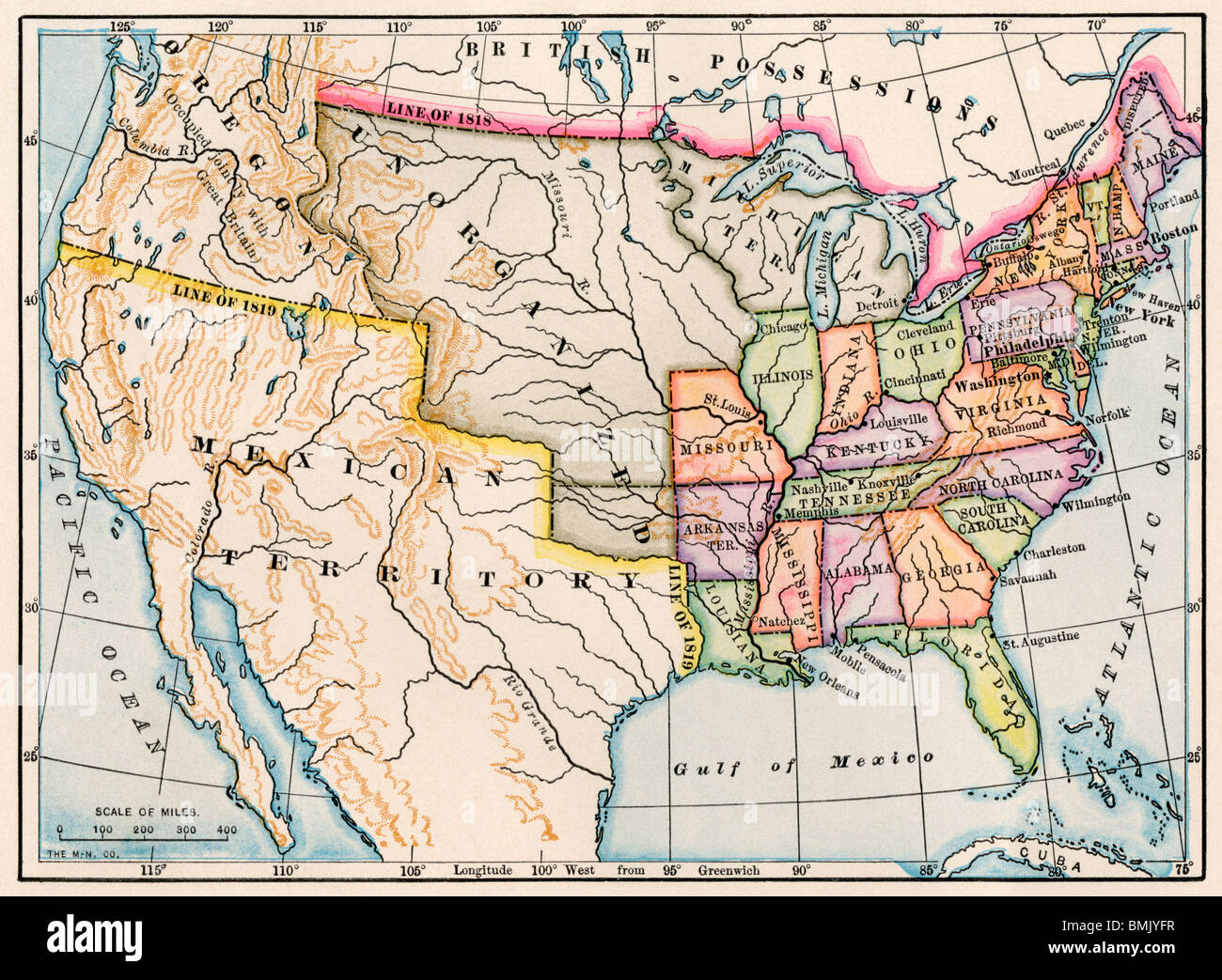 Les territoires des États-Unis en 1830. Lithographie couleur Banque D'Images
