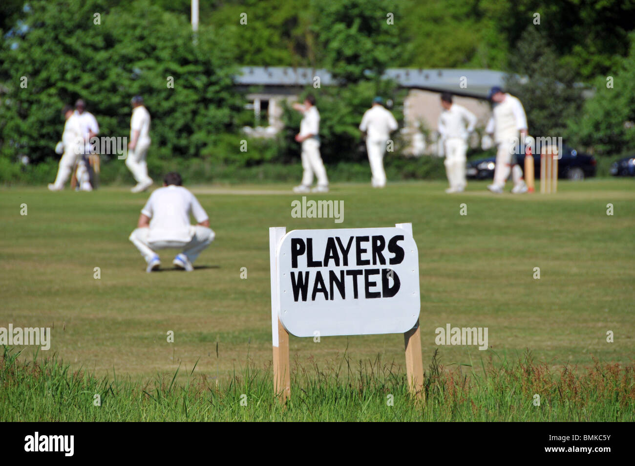 Village vert compétition amatuer match de cricket d'été en cours et signe publicitaire pour les joueurs recherché Navestock Brentwood Essex Angleterre Royaume-Uni Banque D'Images