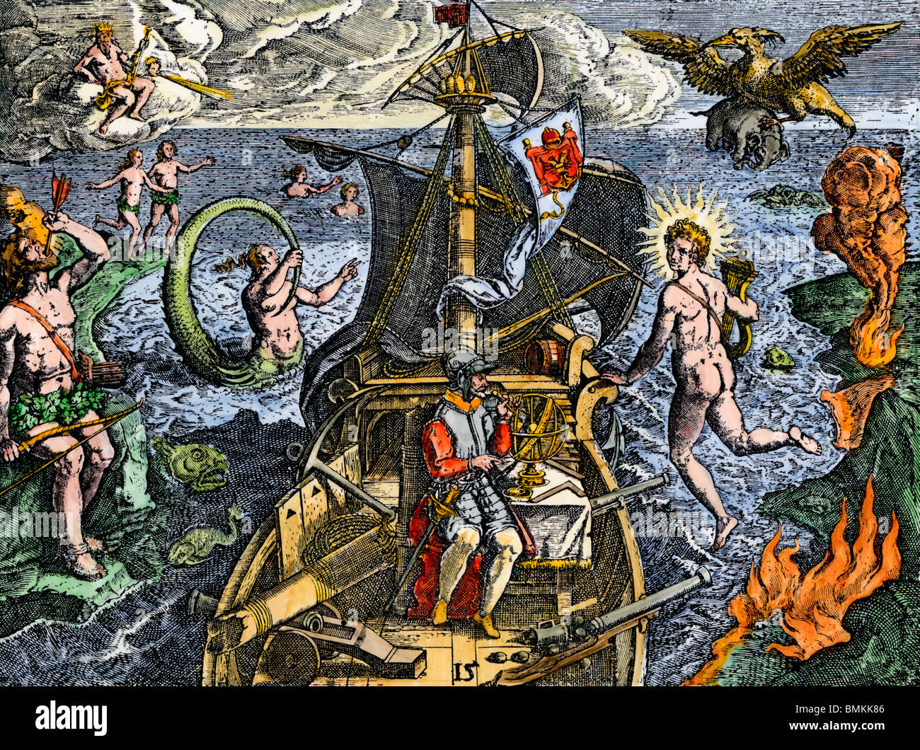 En passant par le détroit de Magellan pour son voile autour de l'Amérique du Sud sur sa circumnavigation de la terre, 1519-1522. À la main, gravure sur bois Banque D'Images