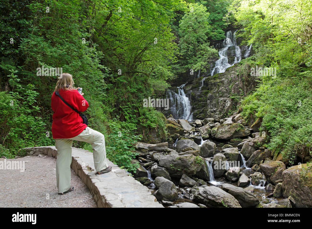 Une femme de prendre une photo de Torc Waterfall, le Parc National de Killarney, comté de Kerry, Irlande Banque D'Images