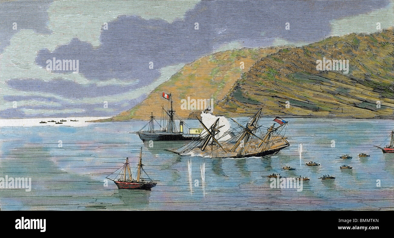La guerre du Pacifique. Bataille d'Iquique. La corvette chilienne 'Esmeralda' est coulé par le cuirassé péruvien "Huascar" le 21 mai 1879. Banque D'Images