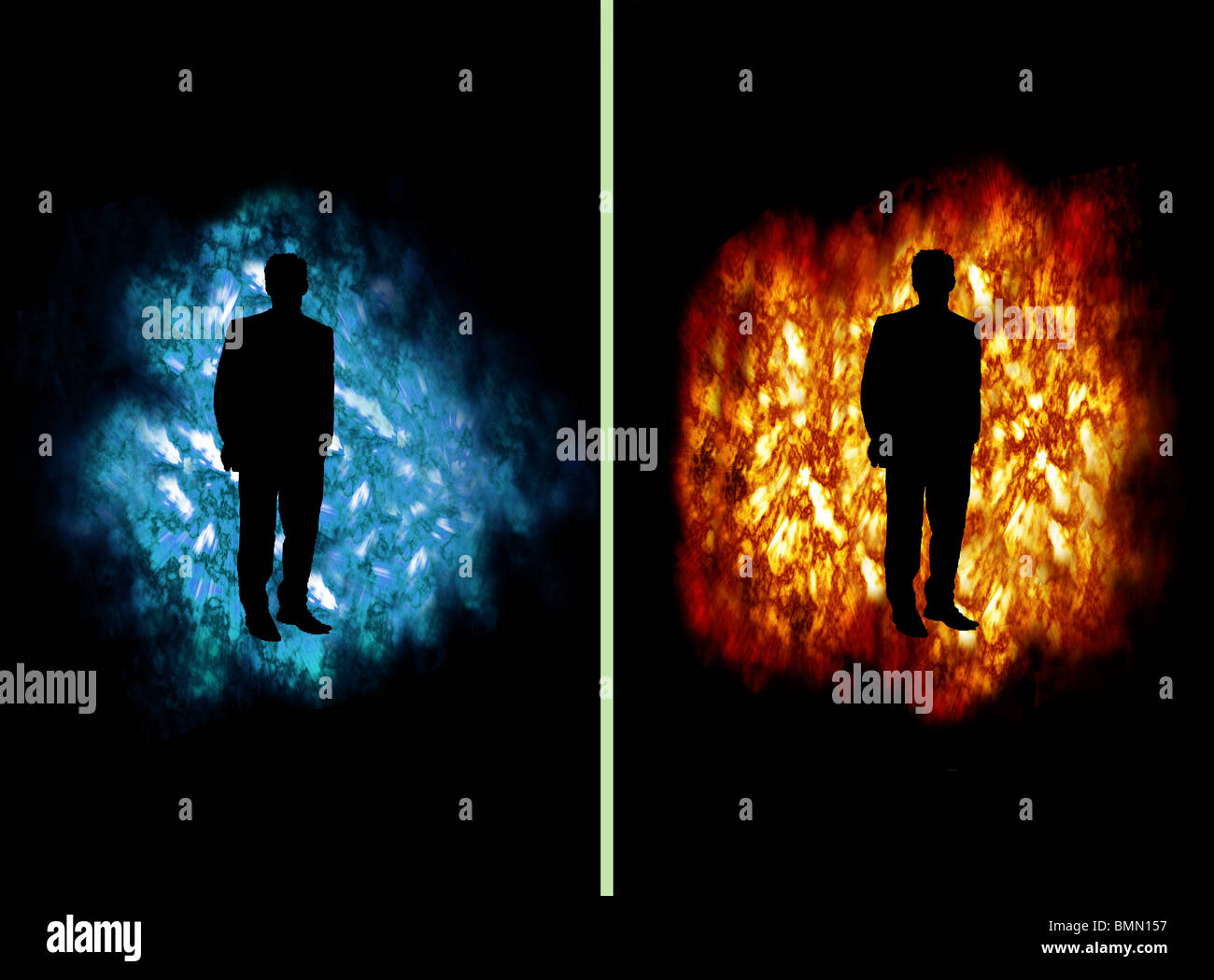 Business Man on Fire and Ice cloud Banque D'Images