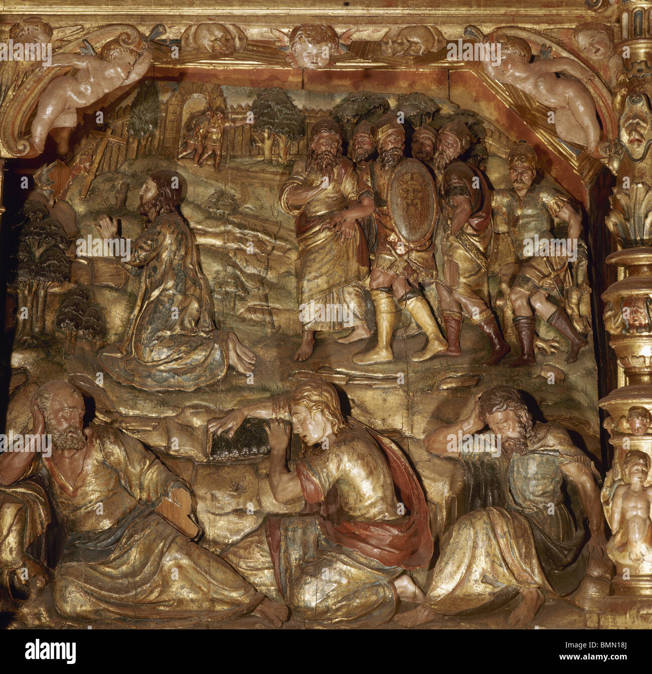 Jésus priant au Jardin des Oliviers, avec ses disciples endormis. Retable de l'église de Saint Mary. Alarcon. L'Espagne. Banque D'Images