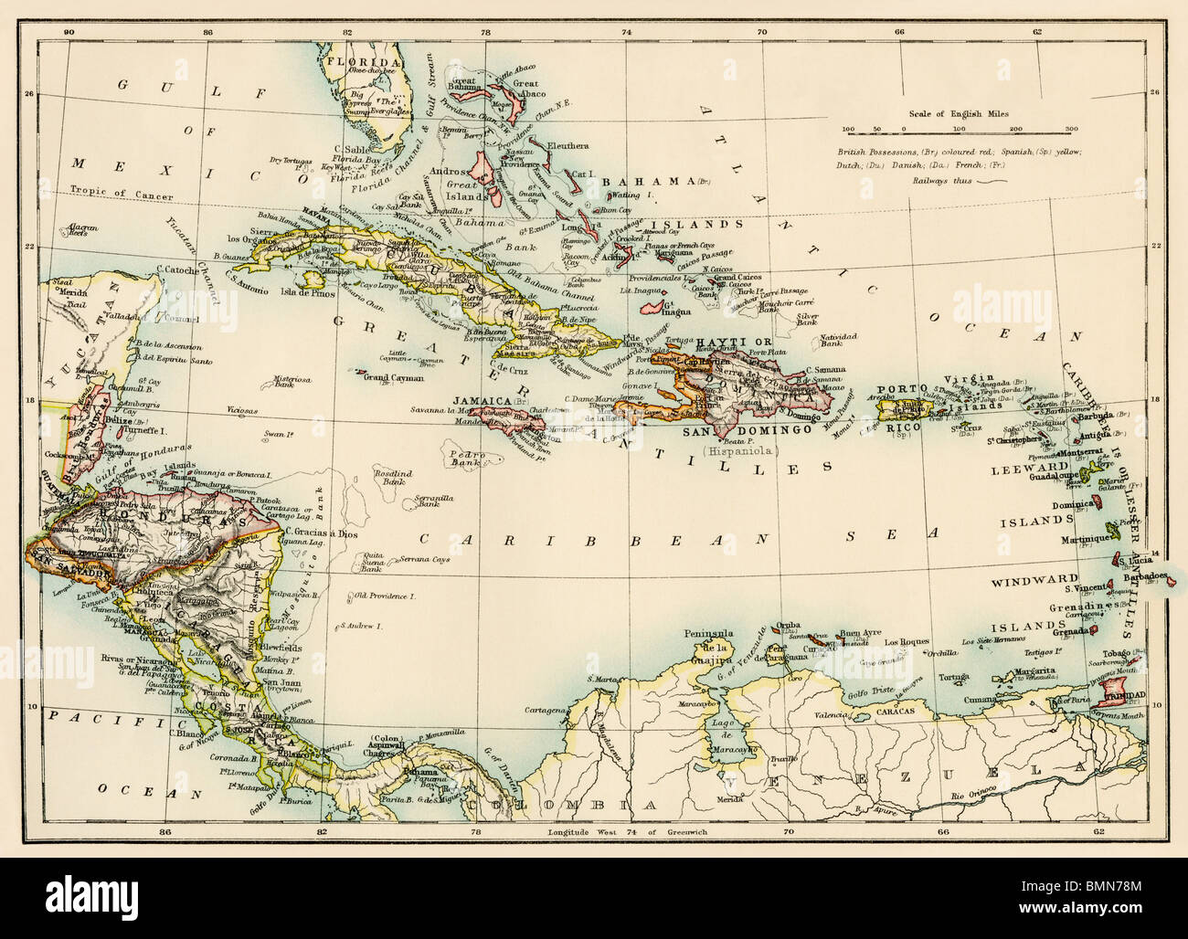 La carte des Antilles et la mer des Caraïbes, 1800. Lithographie couleur Banque D'Images