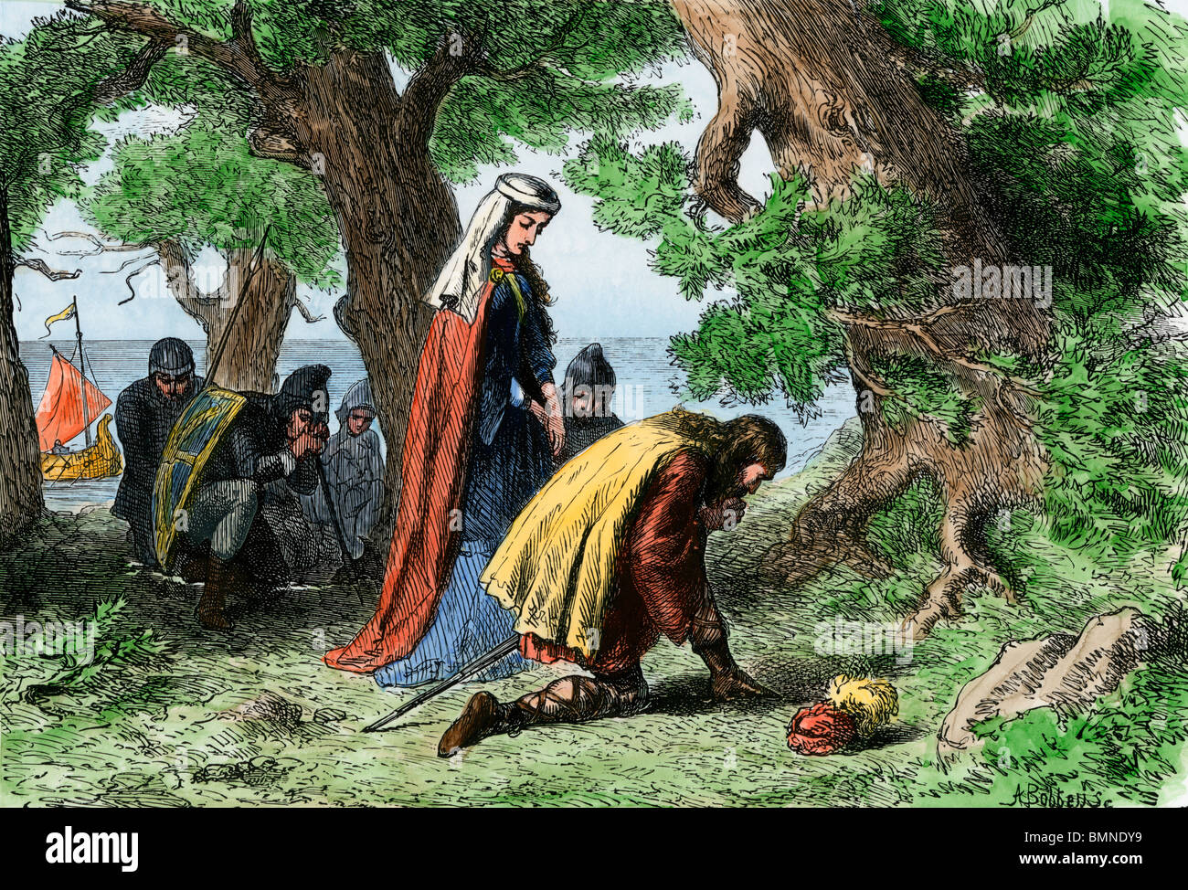 Les colons scandinaves Thorfinn et Gudrid atterrissage sur le Vinland. À la main, gravure sur bois Banque D'Images