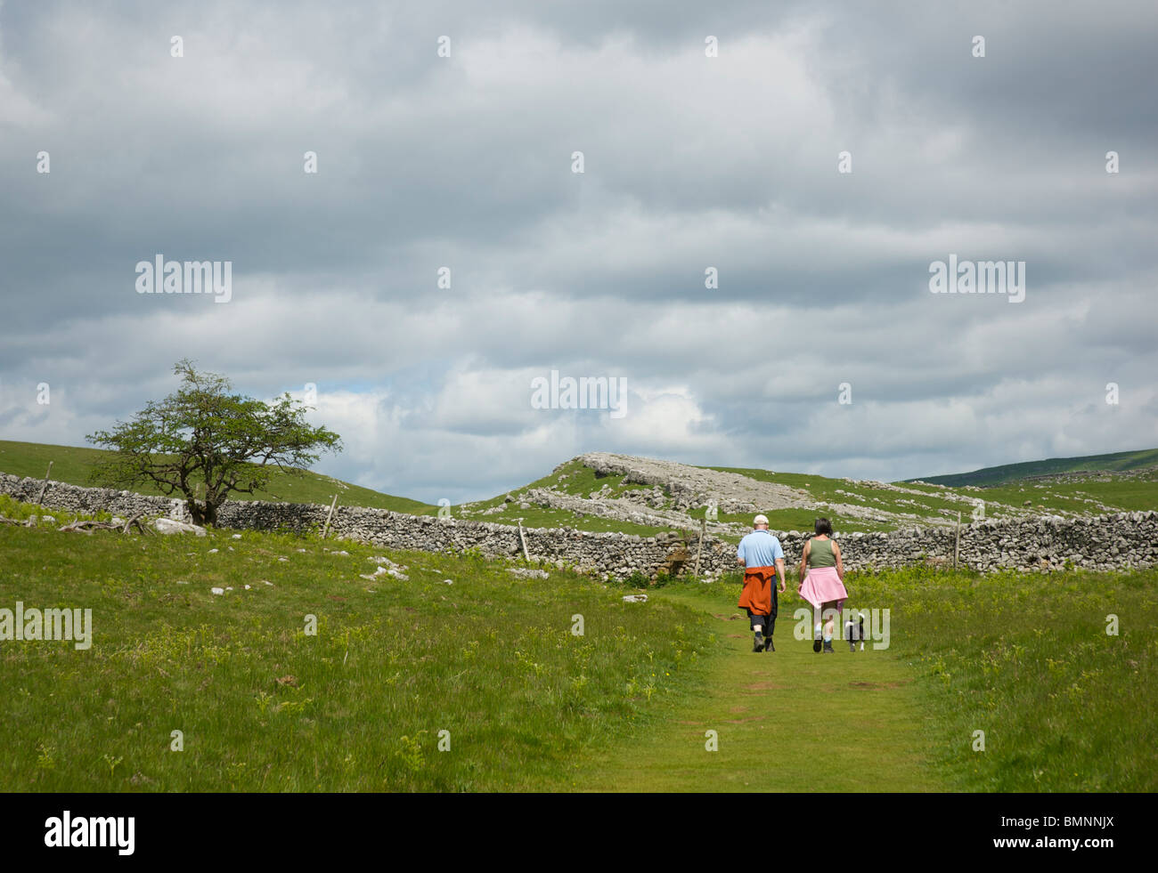 Deux marcheurs sur Dales Way près de Grassington, Wharfedale, Yorkshire Dales National Park, England UK Banque D'Images