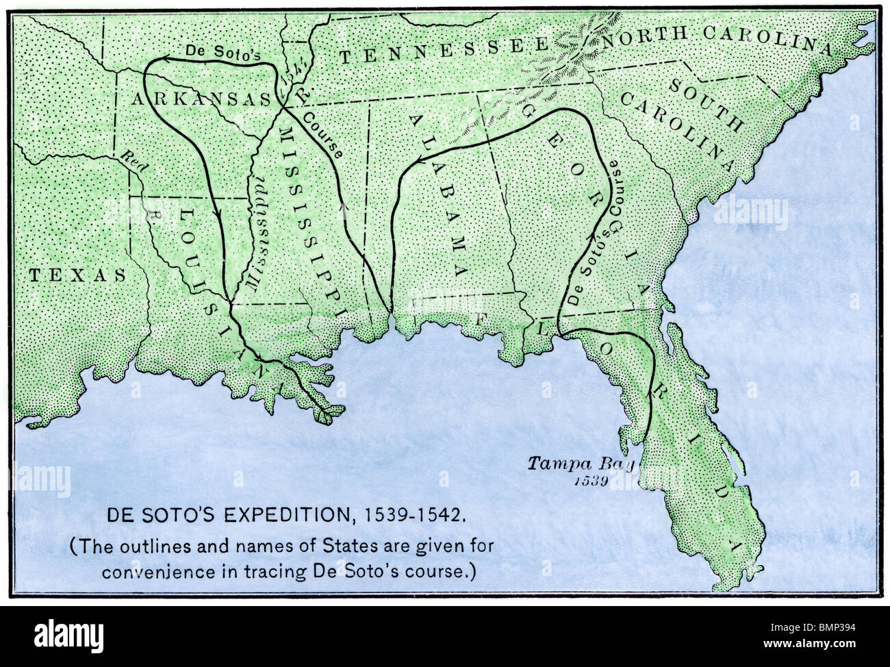 Route de l'expédition de De Soto dans toute l'Amérique du Nord, 1539-1542. À la main, gravure sur bois Banque D'Images