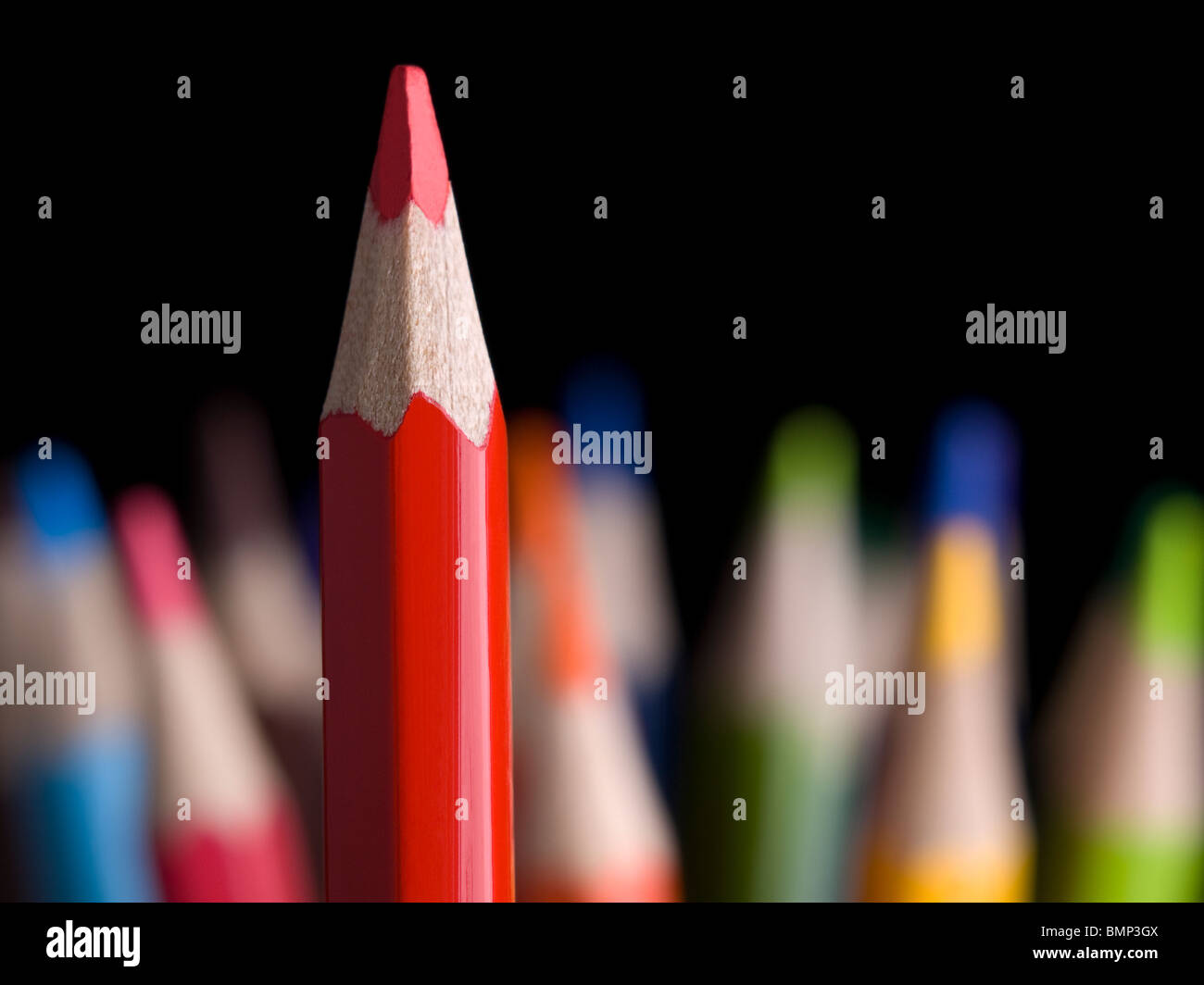 Sharp crayon rouge met en évidence de nombreuses autres crayons de couleur. Banque D'Images