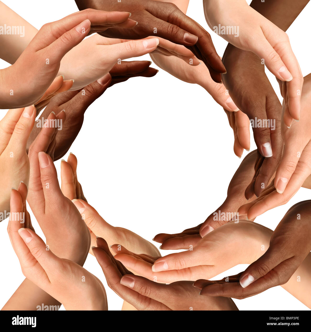Symbole conceptuel de mains humaines multiraciale faisant un cercle sur fond blanc avec une copie de l'espace dans le milieu Banque D'Images