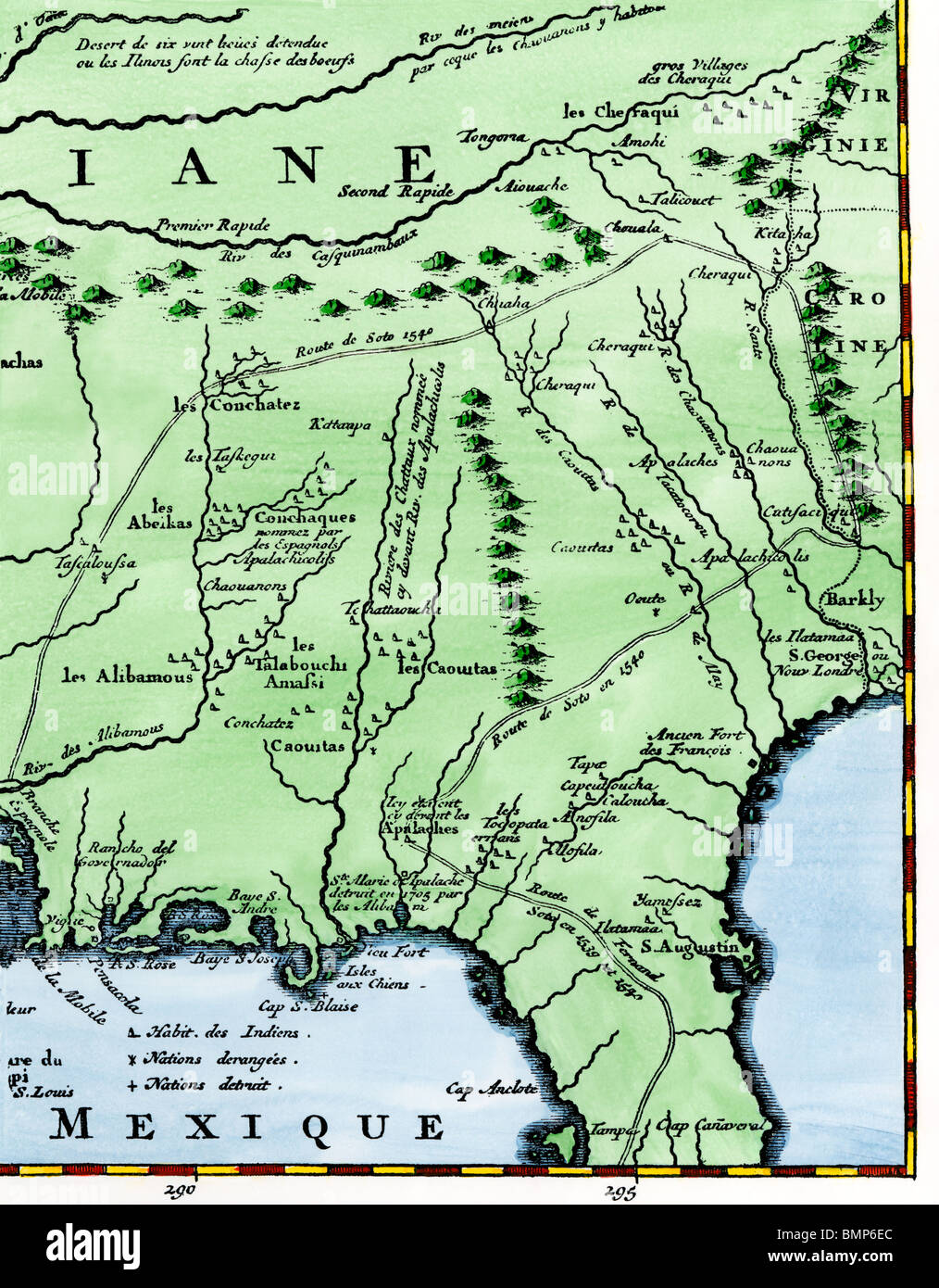 Partie est de De Soto's route à travers le sud-est de l'Amérique du Nord, années 1500. À la main, gravure sur bois Banque D'Images