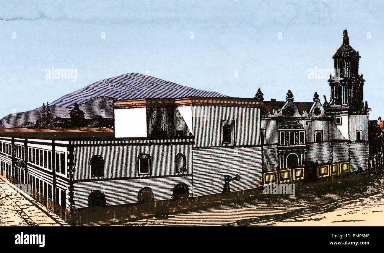 L'hôpital et l'Église de Jésus, fondée par Cortes à Mexico, 1500. À la main, gravure sur bois Banque D'Images