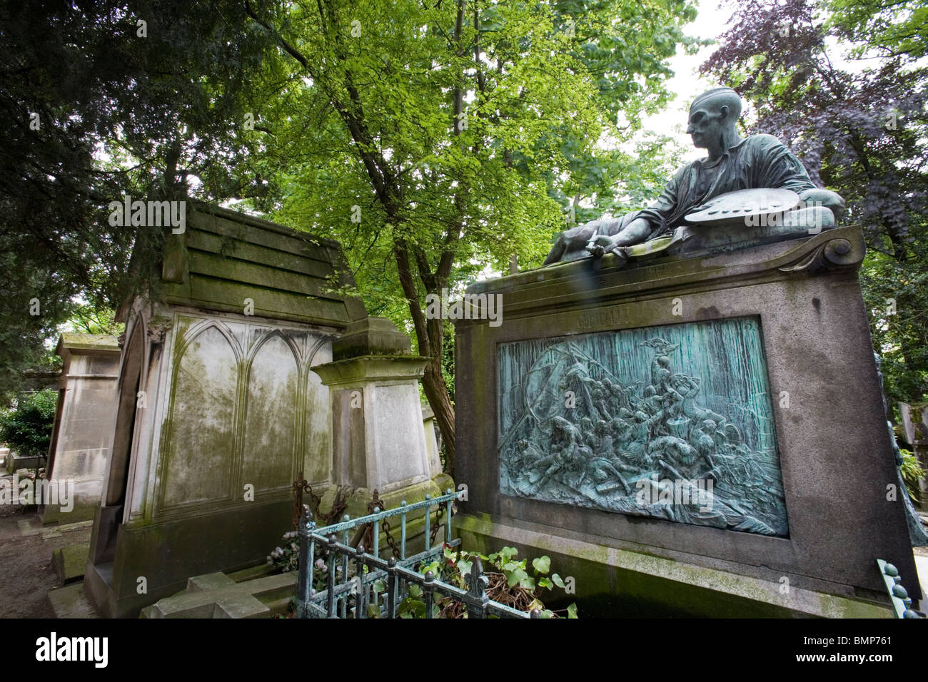 Pierre tombale Gericault et monument chez le Père Lachaise, cimetière, Boulevard de Ménilmontant, Paris Banque D'Images