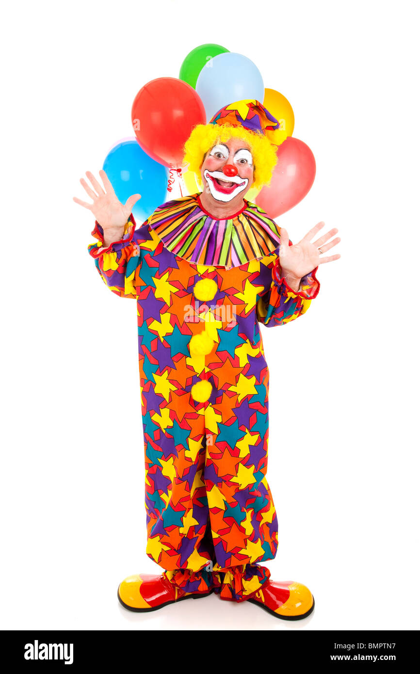 Joyeux Anniversaire Clown Avec Un Tas De Ballons Isole De Tout Le Corps Photo Stock Alamy